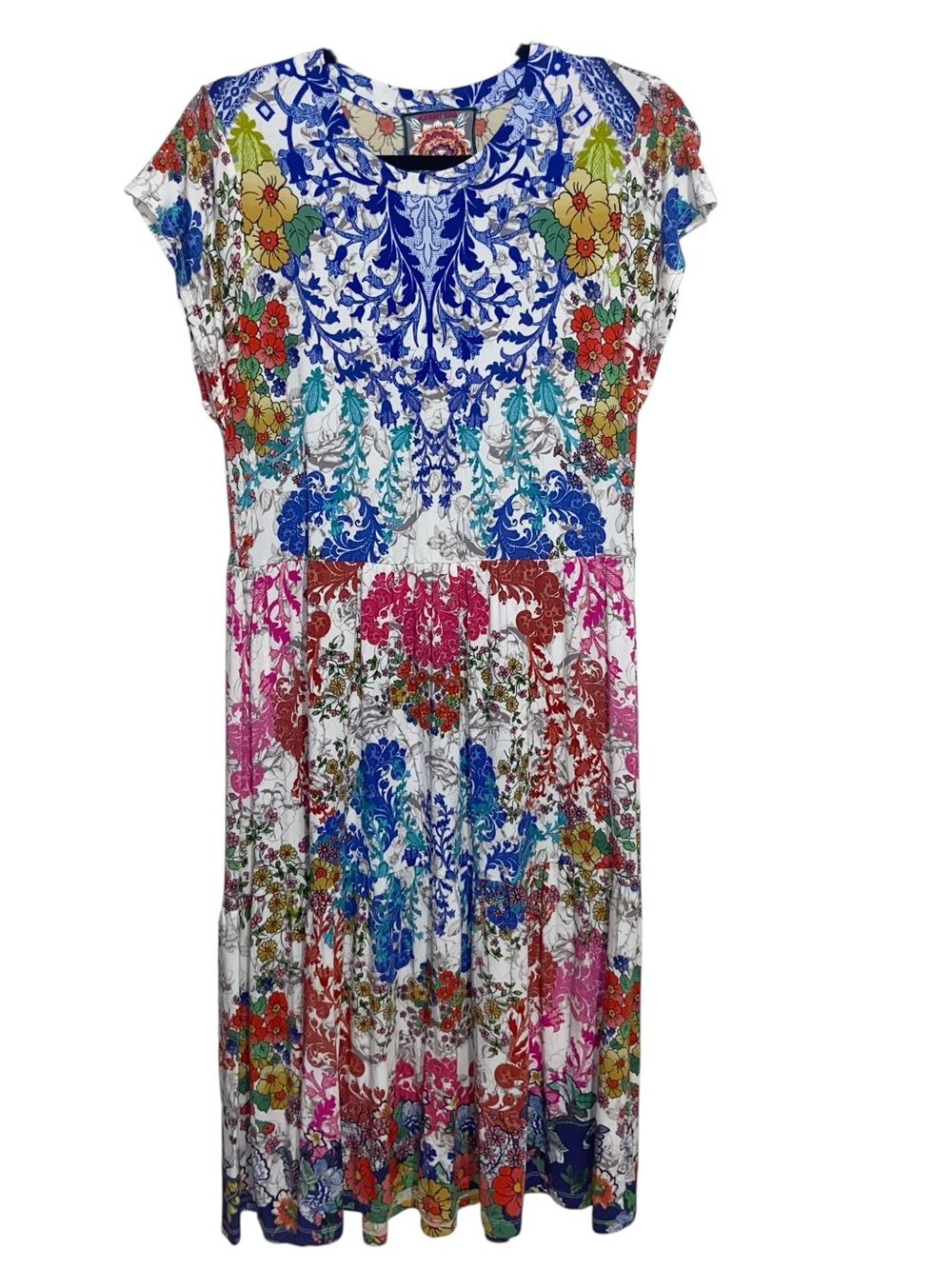 Johnny Was Dress Womens XS Shellinay Tiered Tea Length Floral Bamboo Resort Boho